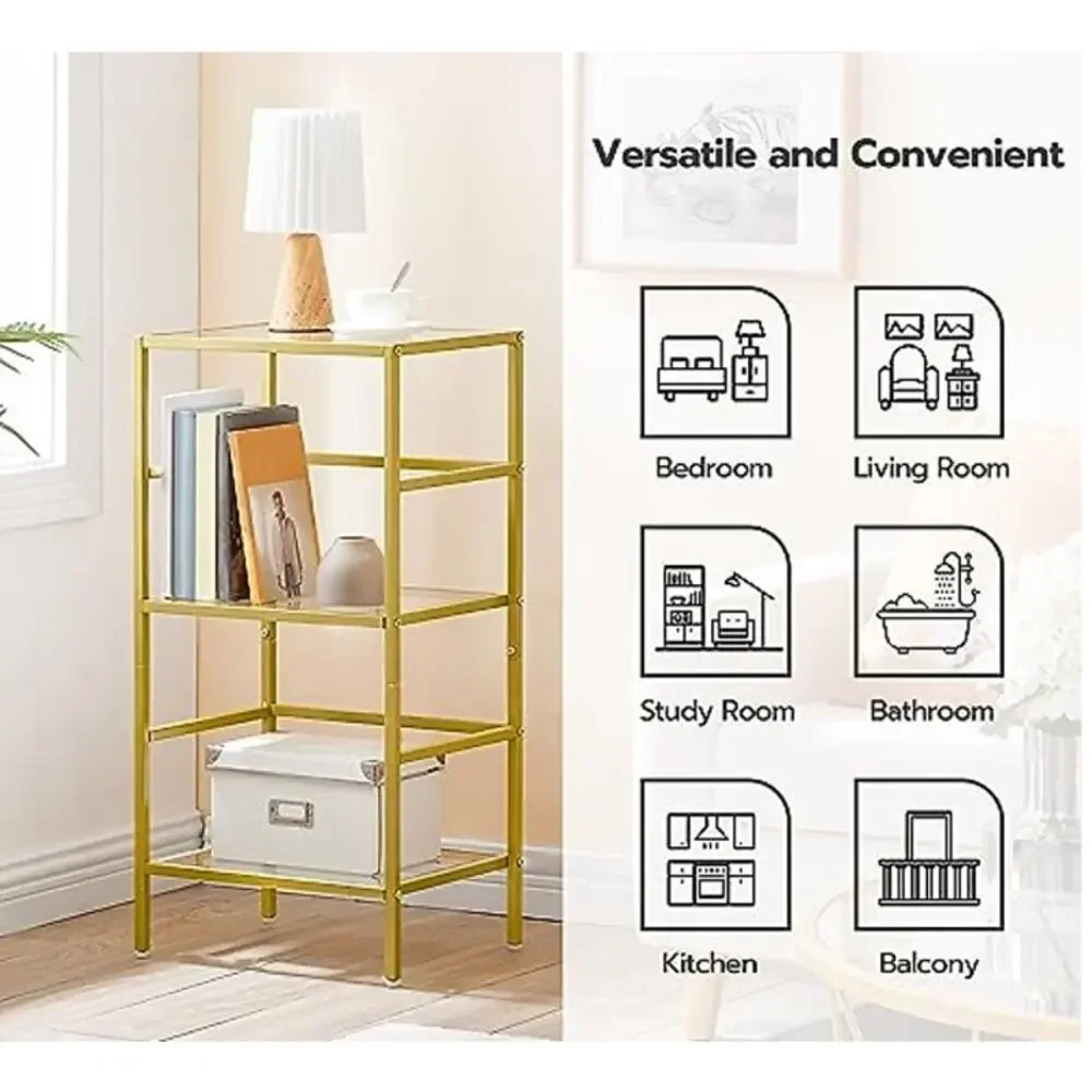 HOOBRO Gold 3 Tier Glass Shelf Bookcase Slim Storage Rack New Open Box
